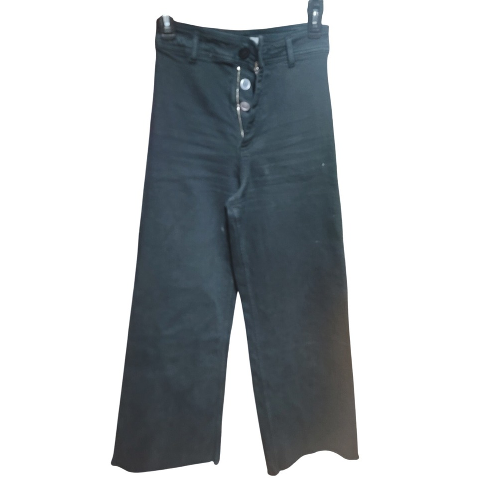 ZARA Black Wide Leg Cropped High Waisted Jeans Distressed Raw Hem Size 2‎